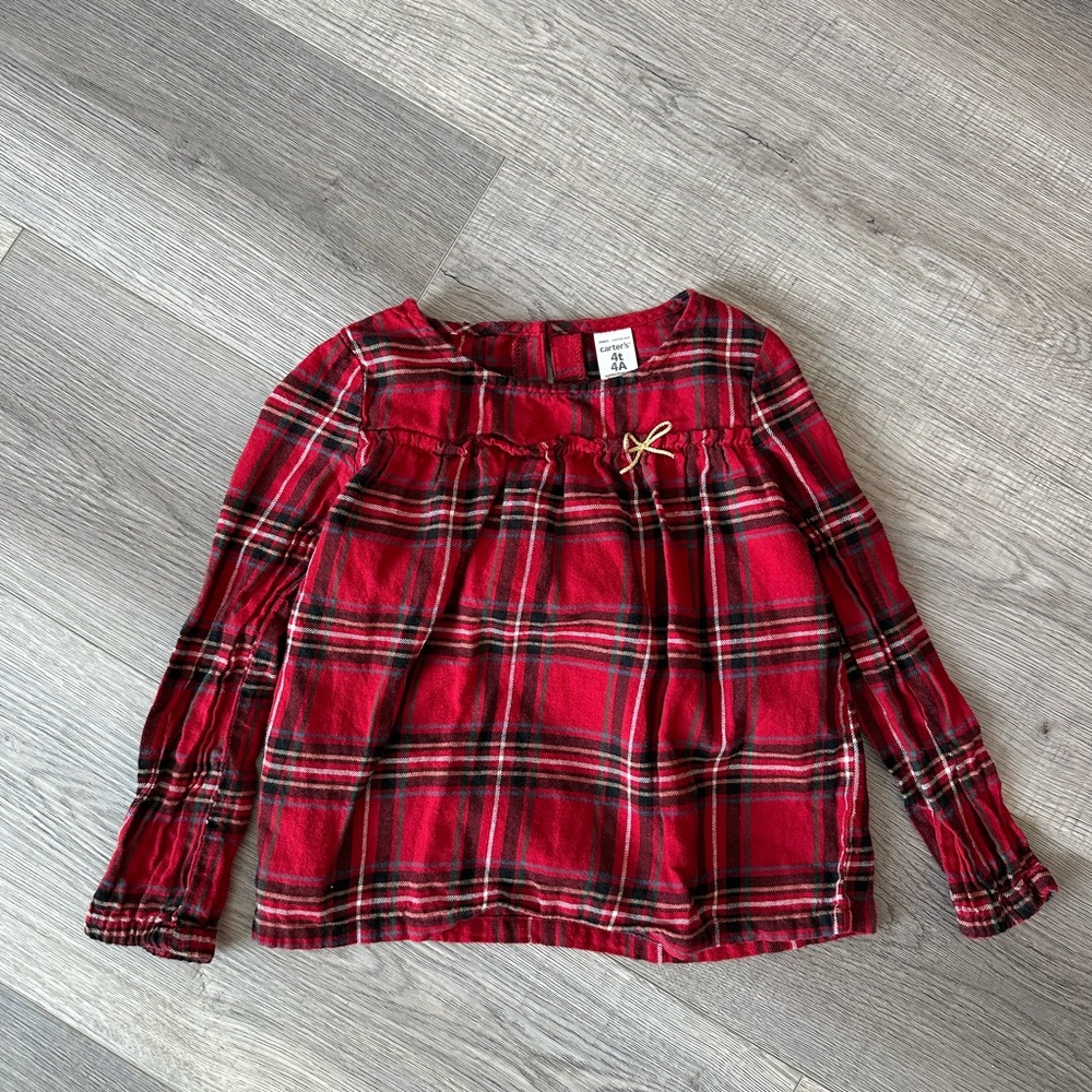 6/20$ toddler girl red plaid blouse shirt top with gold bow size 4T